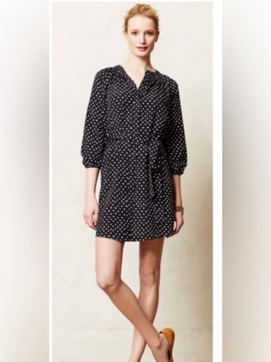 Maeve Dresses & Skirts - Anthropologie Maeve Navy & White Polka Dot Tie-Waist dress xs